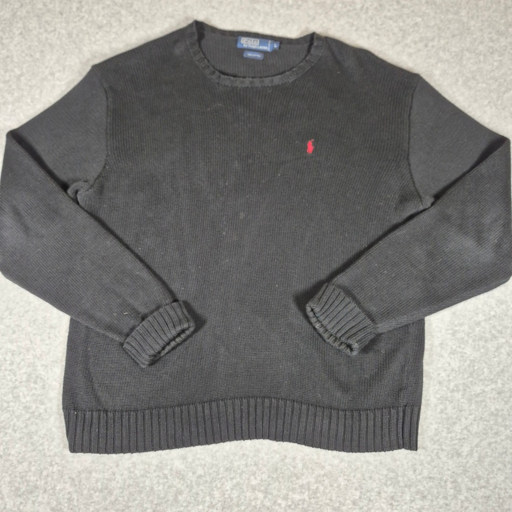 Polo Ralph Lauren Sweater Knit Mens Large Black Cotton Crewneck Red Pony Heavy